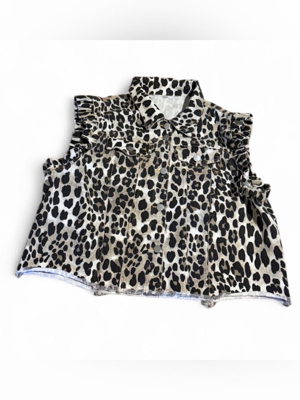 Source Unknown Leopard Print Sleeveless Denim Vest - Black & Cream
